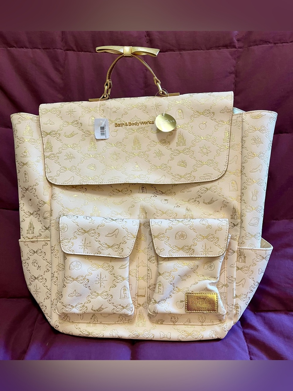 NWT Disney Princess Limited Edition Cream Gold Print Backpack Tote NO CHARMS